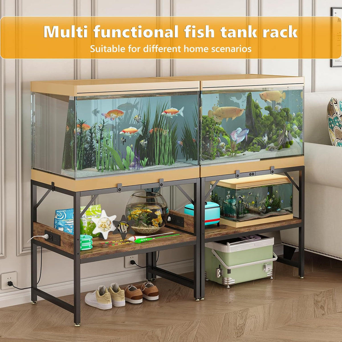 Modern 15 Long Gallon Fish Tank Stand for Home Office, 2-Tier Aquarium Stand with Shelf for Storage, Fish Tank Table 24" x 12" x 21", Ideal for Breeder Tanks, and Reptile Terrariums, Rustic Brown
