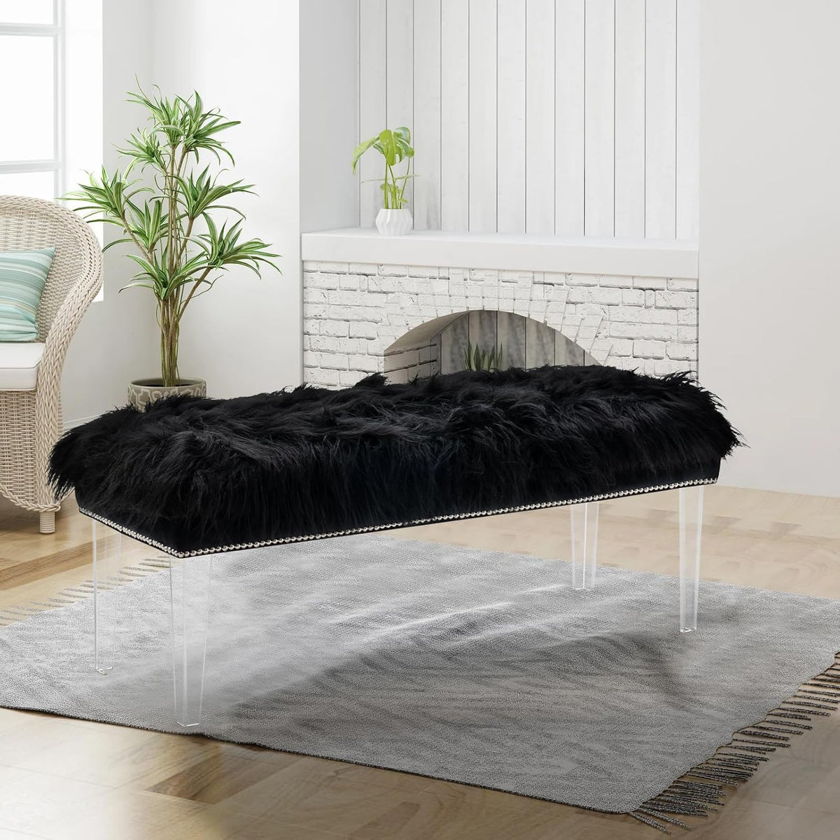 46 Inch Black Bedroom Bench, Benches for Bedroom White Faux Fur Upholstered Bed end Bench, Tufting Bench Indoor Bench with Acrylic Legs for Living Room Bedroom Dining Room Entryway, Black