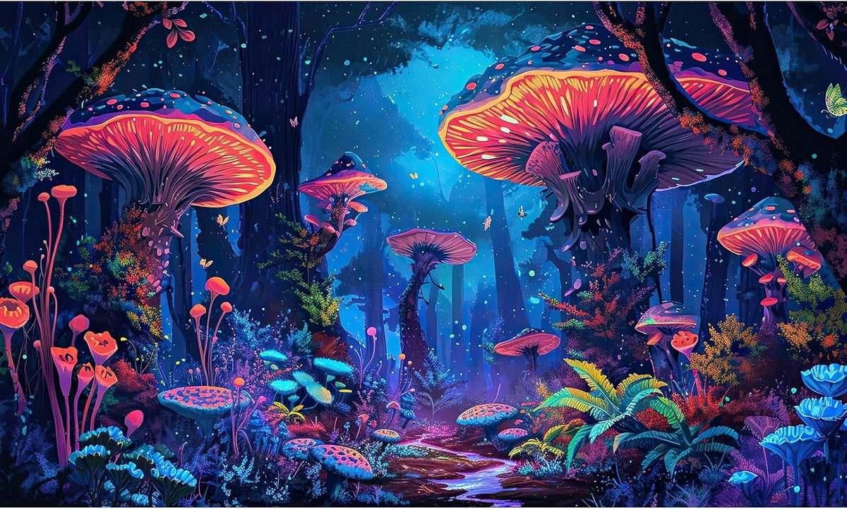 Mushrooms Aquarium Background Fantasy Bright Flowers Butterflies Fish Tank Backdrop Decoration Poster Trippy Wonderland Landscape with Giant Mystical Mushrooms Terrarium Background Decor 48x20in