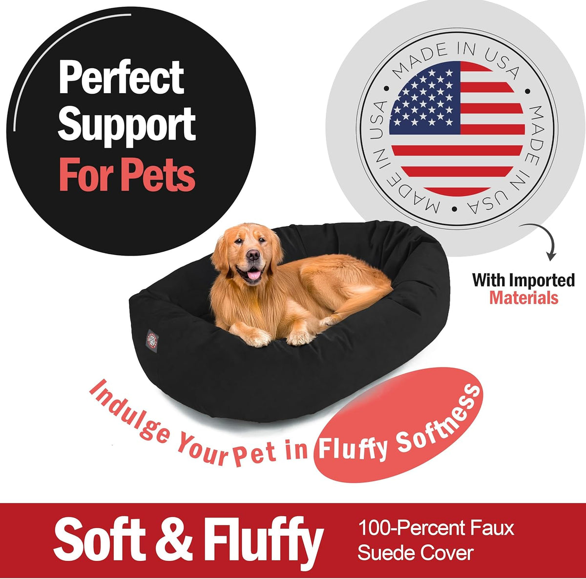 Majestic Pet 40 Inch Suede Shredded Memory Foam Mix Calming Large Dog Bed Washable 40 x 29 x 9 (Inch) - Cozy Soft Round Donut Dog Bed with Spine for Head Support - Pet Bed Black