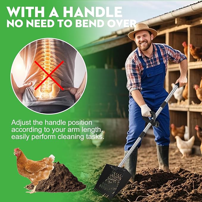 2-in-1 Chicken Poop Scooper & Rake - Adjustable Chicken Coop Scoop with Handle（39、53、67 in），Stainless Steel Shovel Head- Litter Scooper Sand & Sifting Shovel for Chicken Coops