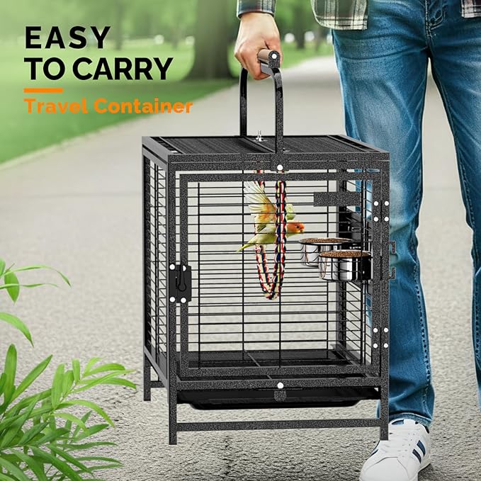 VINGLI Bird Cage, 25 inch Wrought Iron Bird Travel Carrier, Cage with Handle for Parakeets, Parrot, Lovebirds, Finches, Small/Medium Birds