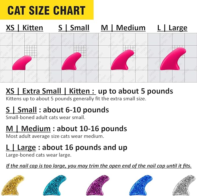 zetpo Cat Nail Caps | Cat Claw Covers | with Adhesives and Applicators (S, 5X Glitter Random Colors | 100 pcs)