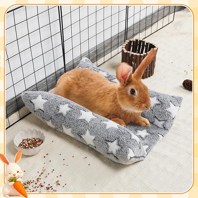 MEWTOGO 15.7 x 14In Rabbit Bed - Thickened Soft Bunny Concave Bed, Cuddle Cushion Plush Mat with Cotton Lounger Pillows for Cage Sleeping Indoor Bunny Gifts, Gray-Star