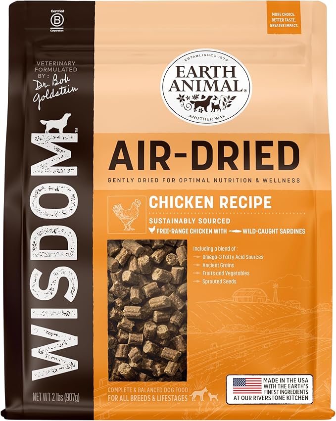 Earth Animal Wisdom Air Dried Dog Food - Chicken Recipe Premium Natural Dry Dog Food for All Breeds & Ages - 2 Lbs Bag