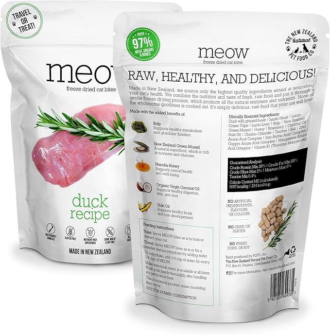 The New Zealand Natural Pet Food Co. Meow Duck Freeze Dried Raw Cat Food, Mixer, or Topper, or Treat - High Protein, Natural, Limited Ingredient Recipe 1.76 oz