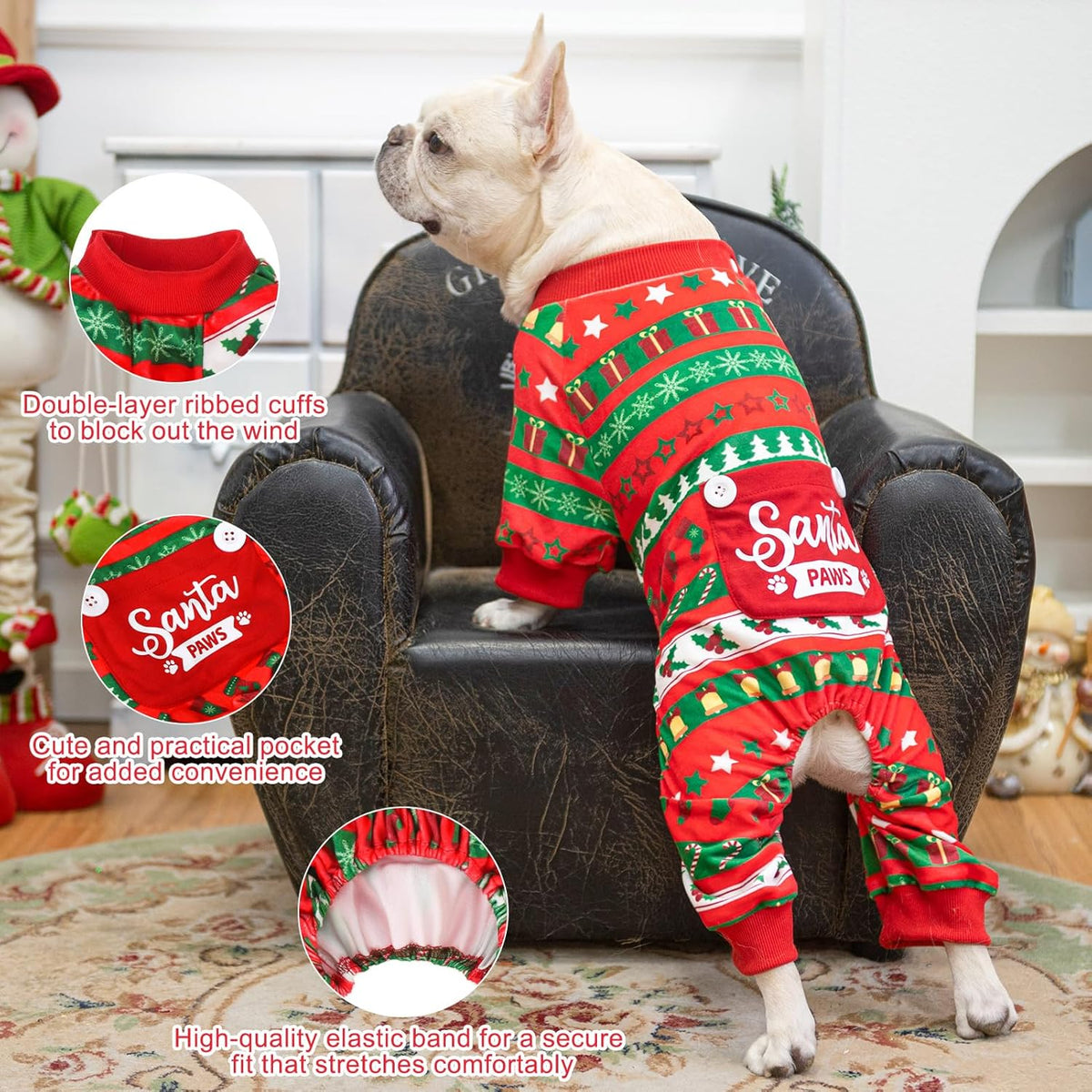 BEAUTYZOO Dog Christmas Pajamas Medium Sized Dog, Christmas Doggie Pajamas for Boys Girls, Soft Fleece Cotton Puppy Pjs Jammies Onesies for Men Women, Pet Jumpsuit Body Suit Apparel Clothes, Red M