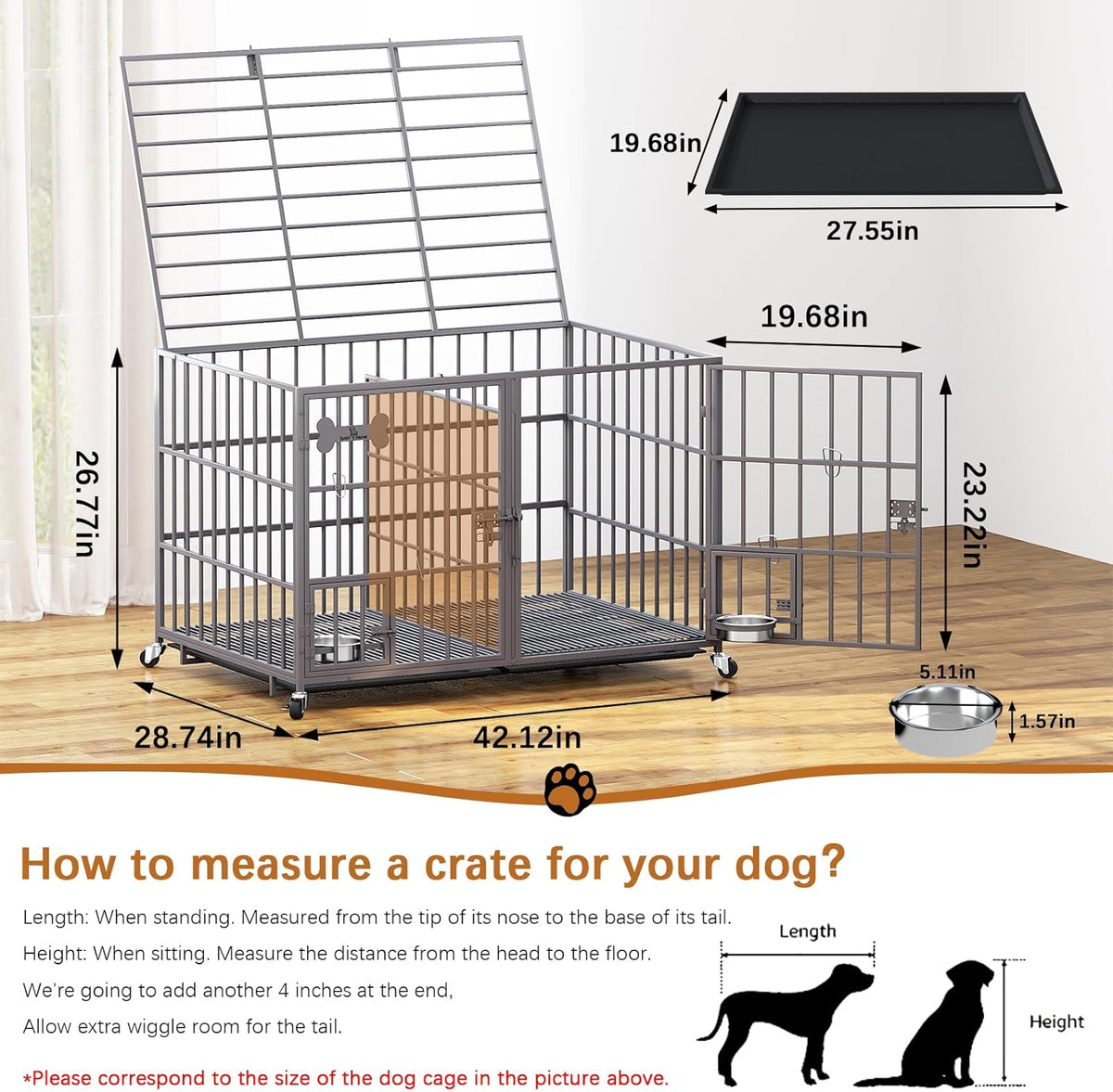 aboxoo 42/48 inch Heavy Duty Metal Dog Crate for 2 Dogs/Large Dog,All Metal Open Top,Dog Kennel Indoor with Wheels,Floor Grid, Tray, Divider and Feeding Bowl (Sliver)