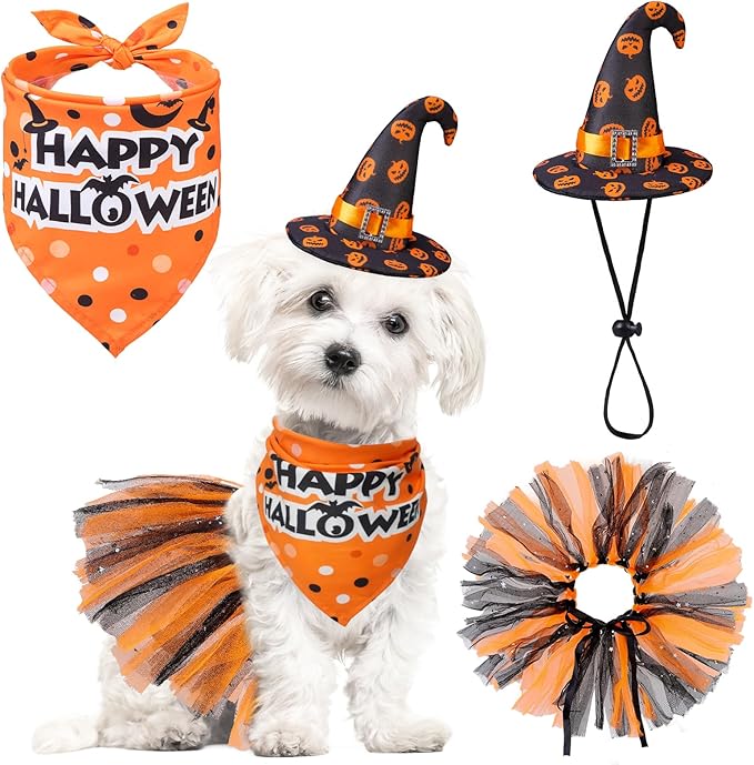 SCENEREAL Small Dog Halloween Costumes, Bandana Hat Dress Set, 3pcs Puppy Party Supplies, Soft Triangle Scarf, Cute Tutu Skirt Outfit for Girl Boy Pet