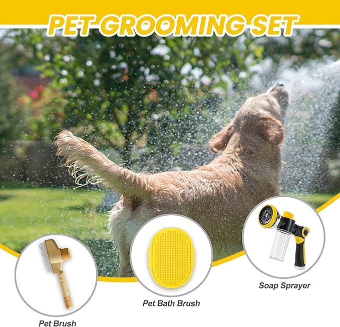 Dog Wash Hose Attachment, 10-in-1 Spray Mode Pet Shower Soap Sprayer with Grooming Comb Rubber Brush, Hose Nozzle with 100cc Soap Dispenser, for Watering, Car Wash, Dog and Horse Showering (Yellow)
