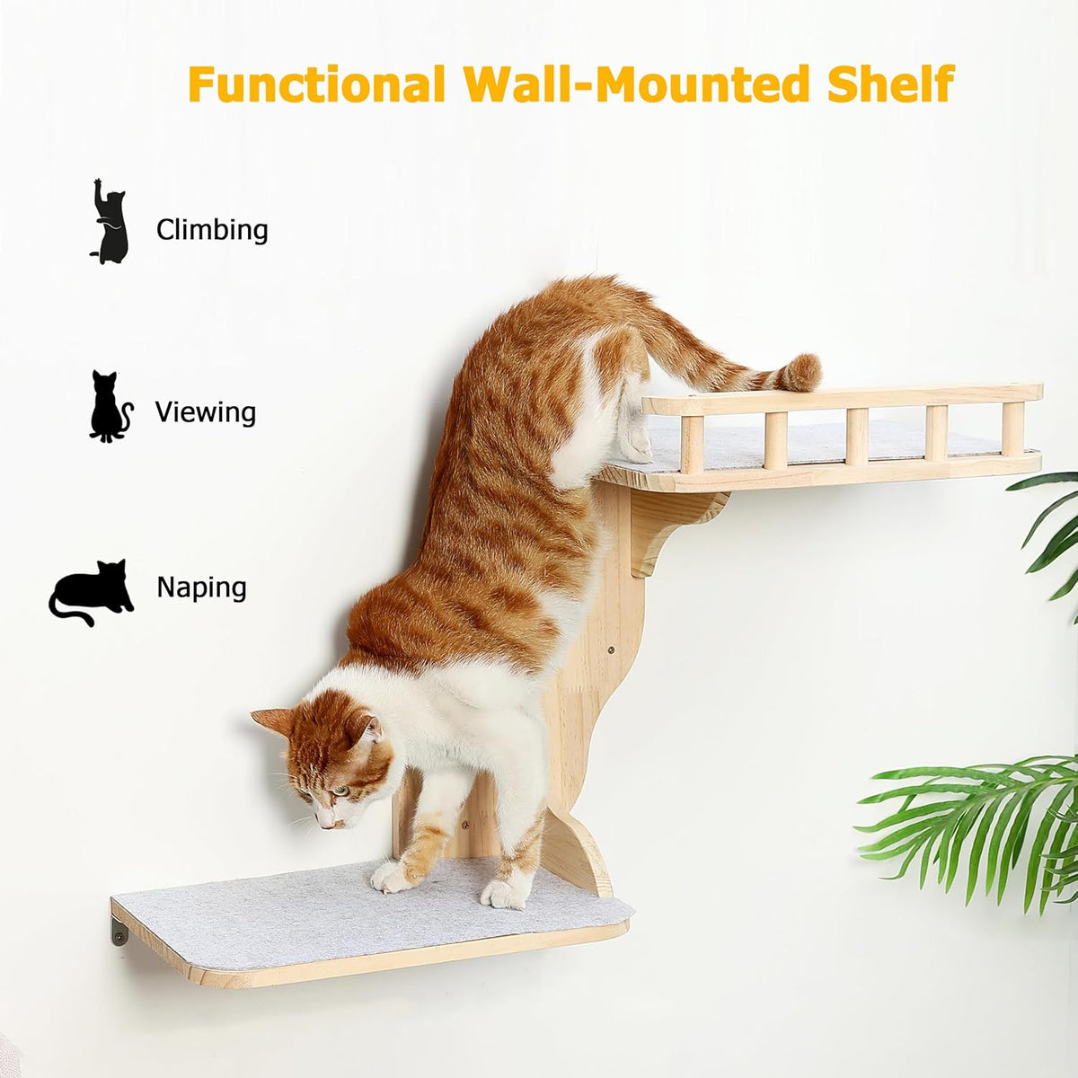 Cat Wall Perches, 2-Levels Corner Shelves Wall-Mounted Platform with Scrathing Mat, Wood Furniture for Indoor Cats Climb,Play and Nap (Right)