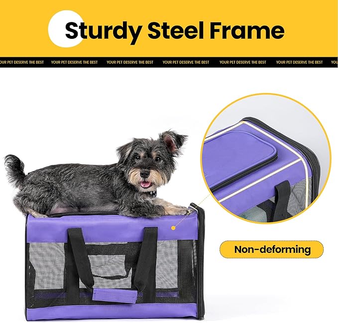 Cat Carrier Airline Approved, Soft-Sided Dog Carrier with Inner Safety Leash, Pet Transport Carrier for Small-Medium Cats Puppies up to 15 Lbs, Collapsible Travel Kitten Carrier Bag -Purple M