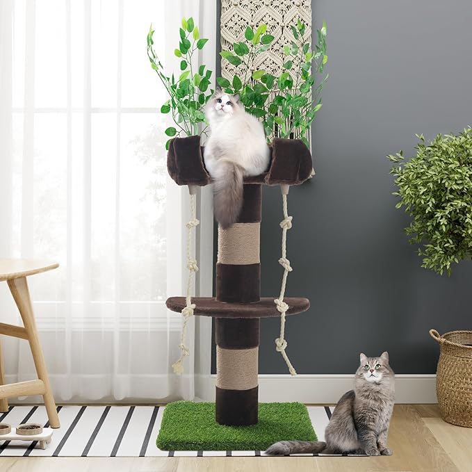 SHA CERLIN 55 Inches Cat Tree Tower with Leaves/Cozy Perches with Scratching Post for Indoor Kittens and Adults Cats/Sisal Rope and Simulated Lawn with Wide Base/Brown & Green