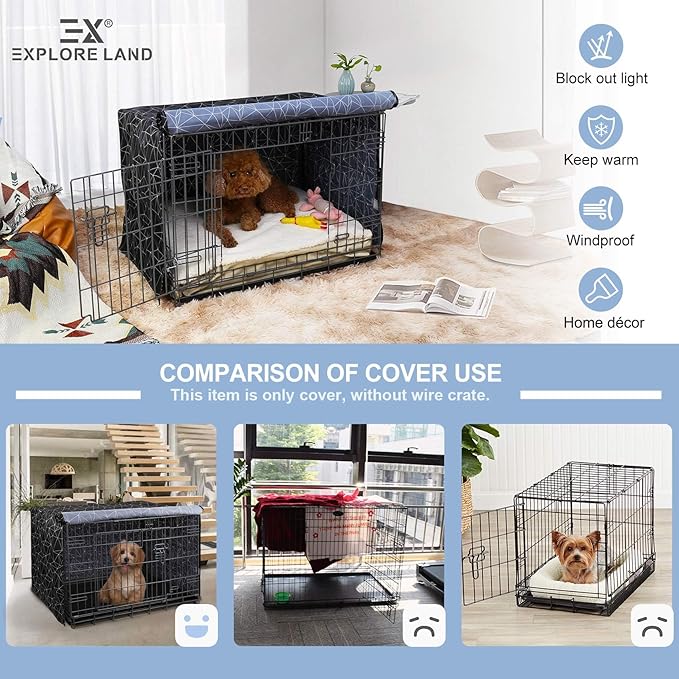 Explore Land Pattern Dog Crate Cover for 24 Inches Wire Cage, Heavy-Duty Polyester 1 2 3 Doors Standard Metal Pet Kennel Enclosure (Brief Polygonal)
