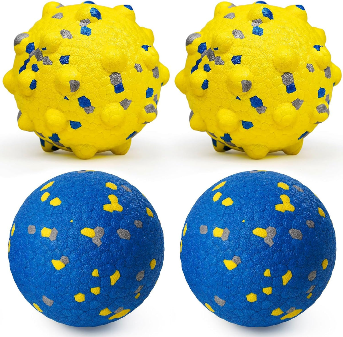 Dog Tennis Balls for Aggressive Chewers, Indestructible Durable Bouncy Interactive Toy for Dogs Fetch Game Lightweight Floating Outdoor Training(2 Yellow Point+ 2 Blue Circle Large)