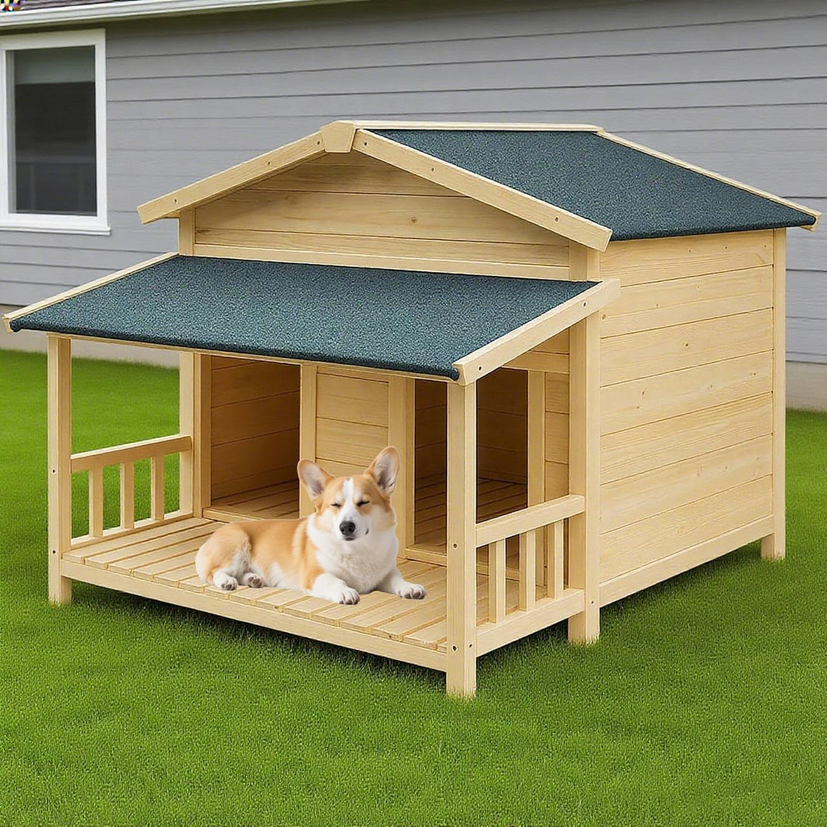 Large Outdoor Wooden Dog House – Weatherproof Double Kennel with Asphalt Roof & Covered Porch, Ideal for Medium to Large Breeds