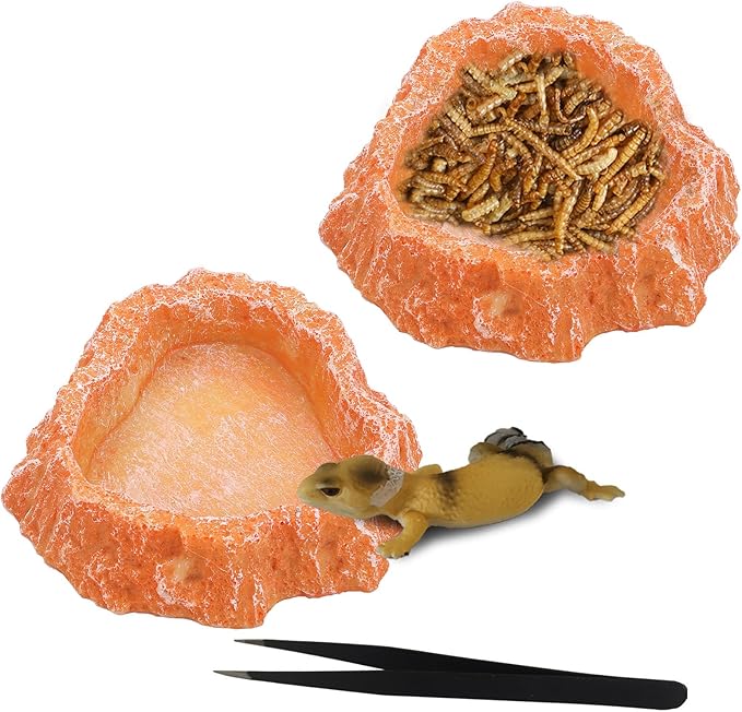 IBWell 2pcs Reptile Water Bowl with Feeding Tweezers - Food Dish for Lizard, Snake, Tortoise & Small Animals - Loess