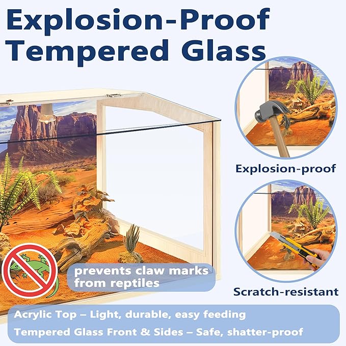 PROLEE Bearded Dragon Tank,Lizard Tank with Clear Tempered Glass Roof,Anti-Scratch Reptile Enclosure, Snake Tank and Reptile Tank,Built-in Light Fixtures with Switch (34 Gallon)