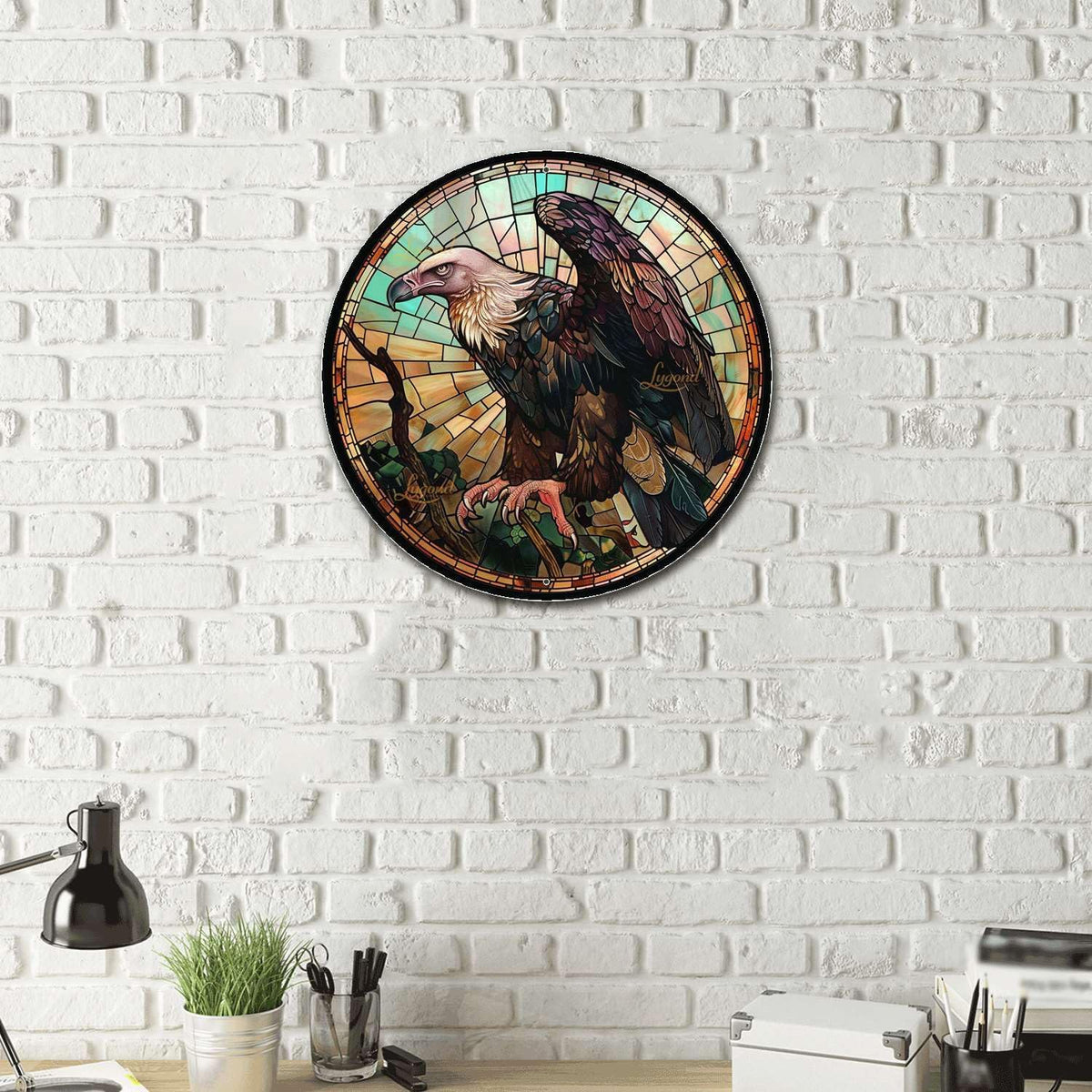 Lygond Metal Sign Tin Sign Circular Stained Glass Vulture Funny Gardening Gift for Patio 8×8 Inches