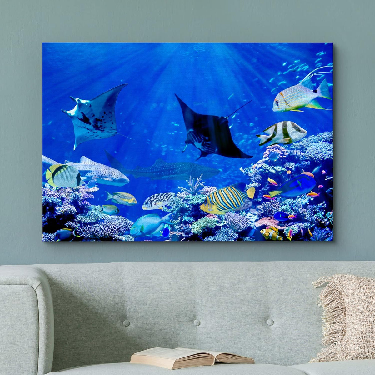 wall26 Canvas Print Wall Art Vibrant Sunlight Ray Ocean Shark Fish Reef Nature Animals Photography Realism Rustic Scenic Landscape Wilderness Earth for Living Room, Bedroom, Office - 32"x48"