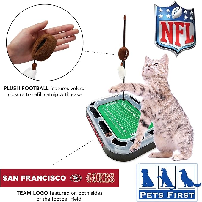 Pets First Cute Cat Toy SAN Francisco 49ERS Football Field CAT Scratcher Toy, Catnip Filled Plush Football Toy & Feather Cat Toy Hanging with Jingle Bell Interactive Ball Cat Chasing 5in1 Kitty Toy
