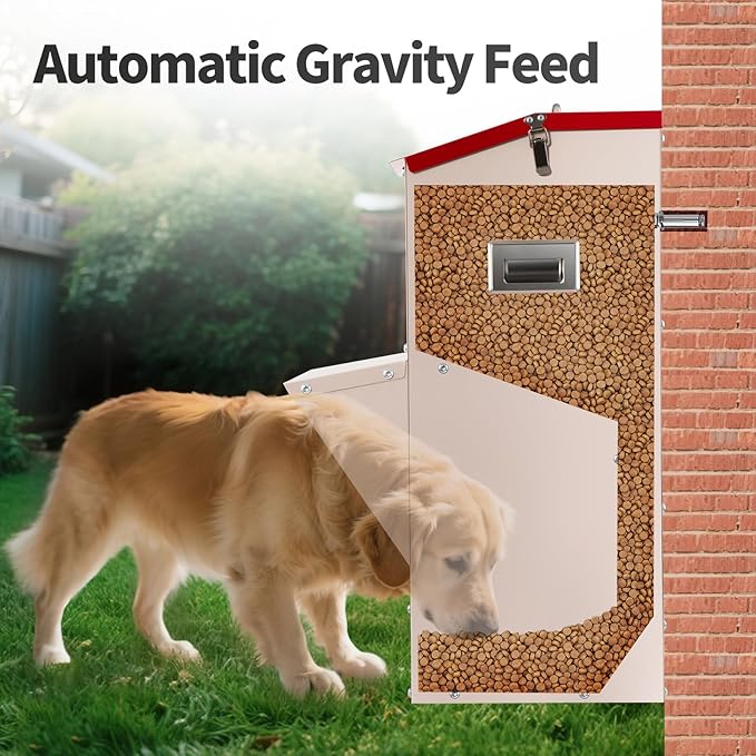 Automatic Dog Feeder Large Breed, 50 LB Capacity Outdoor Pet Food Dispenser, Powder-Coated Steel Gravity Dog Food Feeder with Clear Door, Wall Mountable, Weatherproof Self Feeders