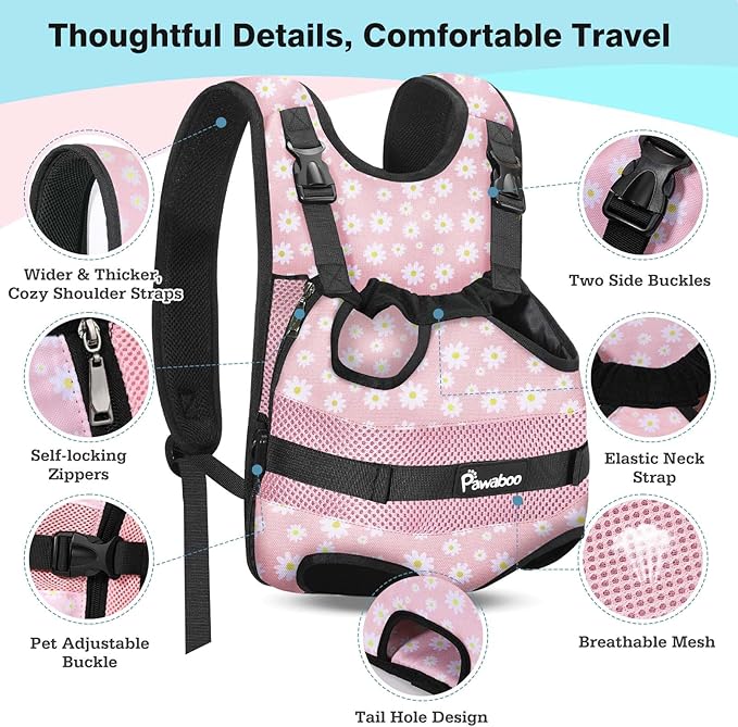 Pawaboo Pet Dog Front Carrier Backpacks, Legs Out Pet Carrier Backpack, Adjustable Easy-fit Dog Chest Carriers for Small Medium Dogs Hands Free for Travel Hiking Cycling Camping, M, Pink Daisy