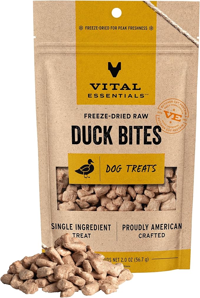 Vital Essentials Duck Bites Dog Treats, 2 oz | Freeze-Dried Raw | Single Protein | Premium Quality High Protein Training Treats | Grain Free, Gluten Free, Filler Free