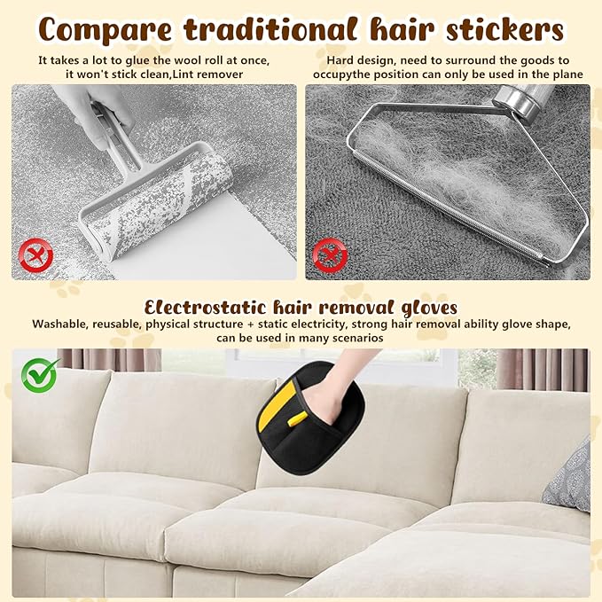 Pet Hair Removal Gloves,Electrostatic Gloves Pet Hair, Efficient Grooming Glove for Cats Dogs, Reusable Pet Hair Removal Tool for Couch, Furniture, Carpet, Curtain (2PCS)