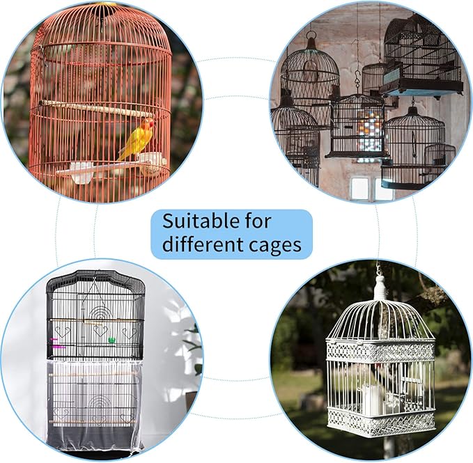 Daoeny Universal Bird Cage Cover, Adjustable Parrot Nylon Airy Soft Mesh Net, Seed Feather Catcher, Birdcage Cover Skirt Sheer Guard for Parakeet Macaw Round Square Cages (White)