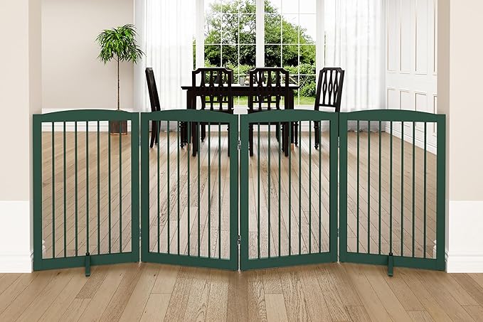 Freestanding Pet Gate for Dogs, Indoor Wooden Dog Gate for House, Foldable Dog Gate for Doorway, Stair, Step Over Pet Puppy Safety Fence Tall, 80 Inch Wide, 4 Panels 32", Green