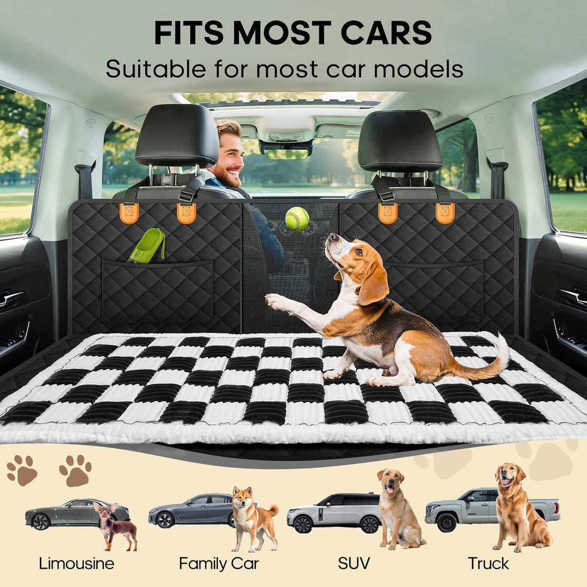Backseat Pet Bed Mat, Non-Slip Plaid Dog Bed for Car Back Seat, Flannel Backseat Dog Bed, Fit for Backseat Extenders and Trucks SUVs (Black&White, 24.8x54 inch)