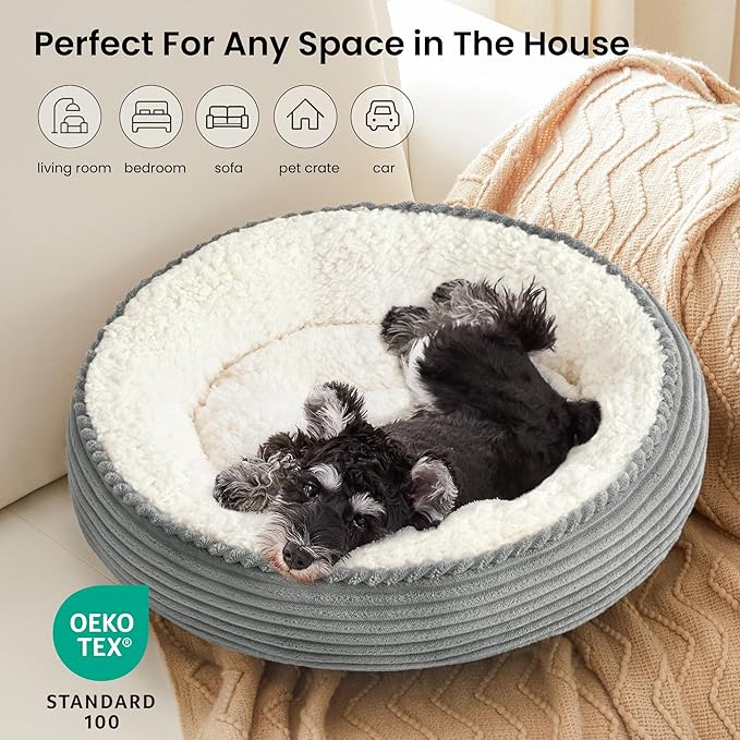 Love's cabin Round Donut Cat and Dog Cushion Bed, 25in Pet Bed for Small or Medium Dogs, Anti-Slip & Water-Resistant Bottom, Soft Durable Fabric Pet Beds, Washable Calming Cat Bed Grey Stripe