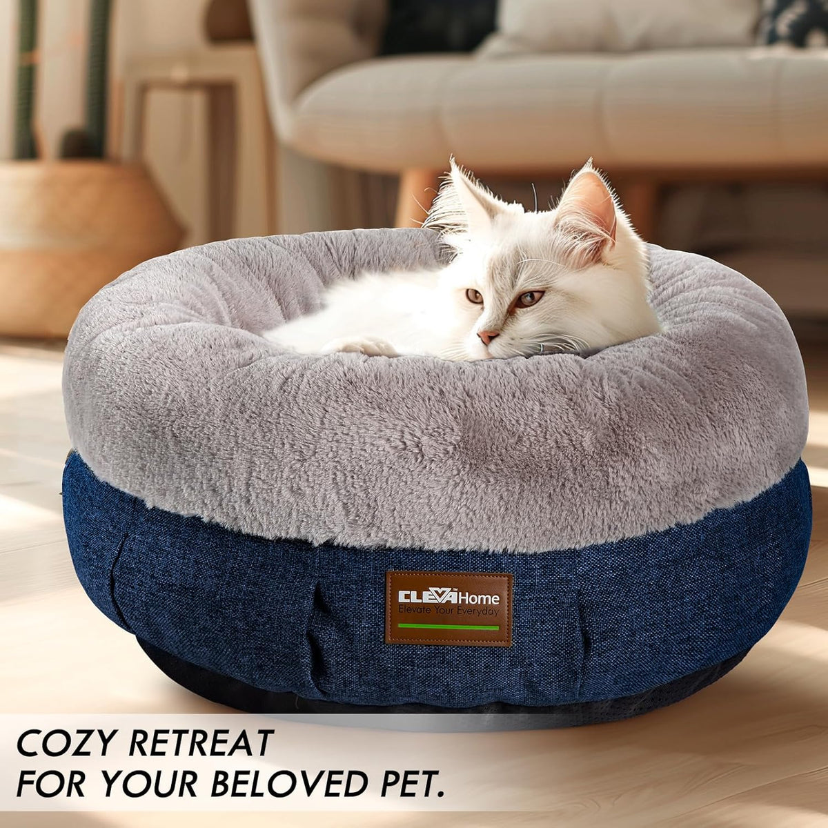ClevaHome Cozy Cat Bed - Ultra-Soft Plush Pet Bed with Raised Sides and Anti-Slip Base, Comfortable Round Bed for Small Pets up to 11 lbs