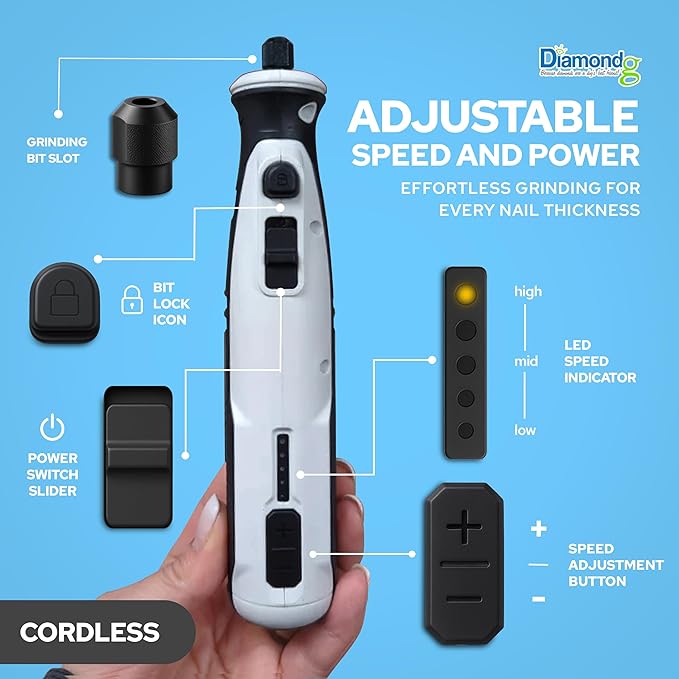 Diamondg Cordless Dog Nail Grinder with Quiet Sound & LED Tip for Large & Small Dogs, 4hrs. Runtime, 2 Bits Included, White