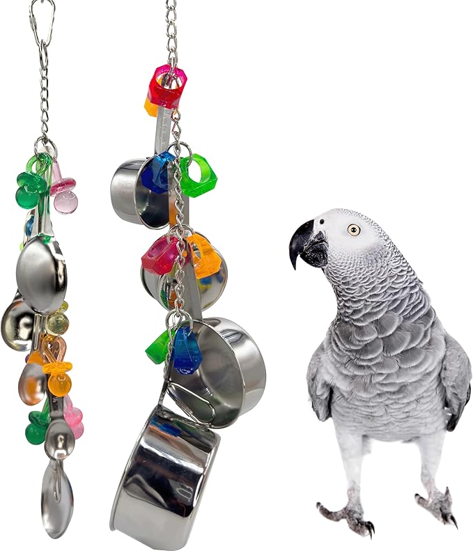 1970 Pk2 Pot and Spoon Delight Features Shiny pots and Spoons with Acrylic Rings and Pacifiers, Handcrafted for African Greys Amazons Macaws