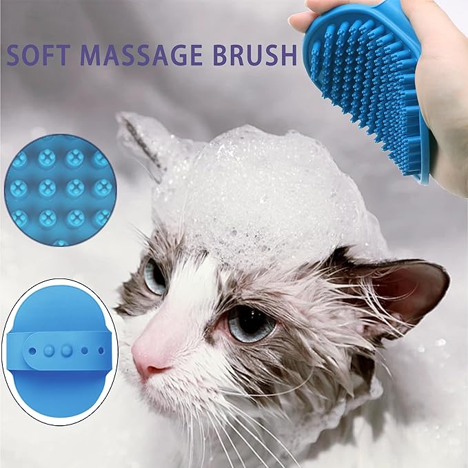 Cat Grooming Brush Kit 6 Tools - Deshedding & Dematting for Long/Short Hair, Self-Cleaning Slicker Brush with 6-in-1 Flea Comb for Cats & Kittens (Blue)