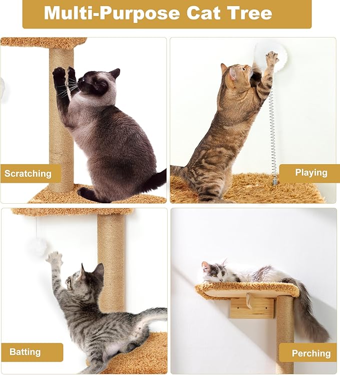 Brown Wall Mounted Cat Wall Climber & Tree for Kittens, 4 Platform Cat Shelves with Brown Plush Cushions, Floating Furniture for Climbing, Lounging, Scratching – 49” Tall