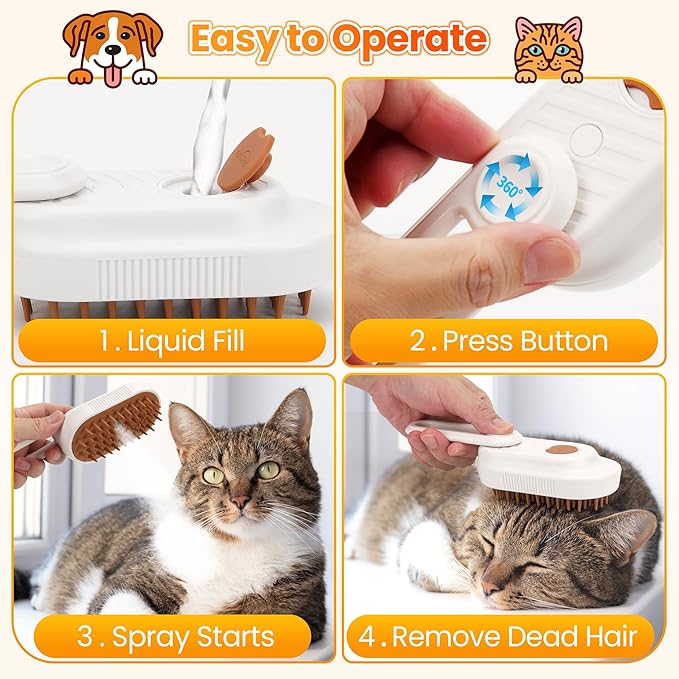 Cat Steam Brush for Shedding, 4-in-1 Rechargeable Steam Pet Brush for Cats & Dogs, Anti-Static, Gentle Fur Removal & Combing, Ideal for Short & Long Hair Pets, Easy to Use