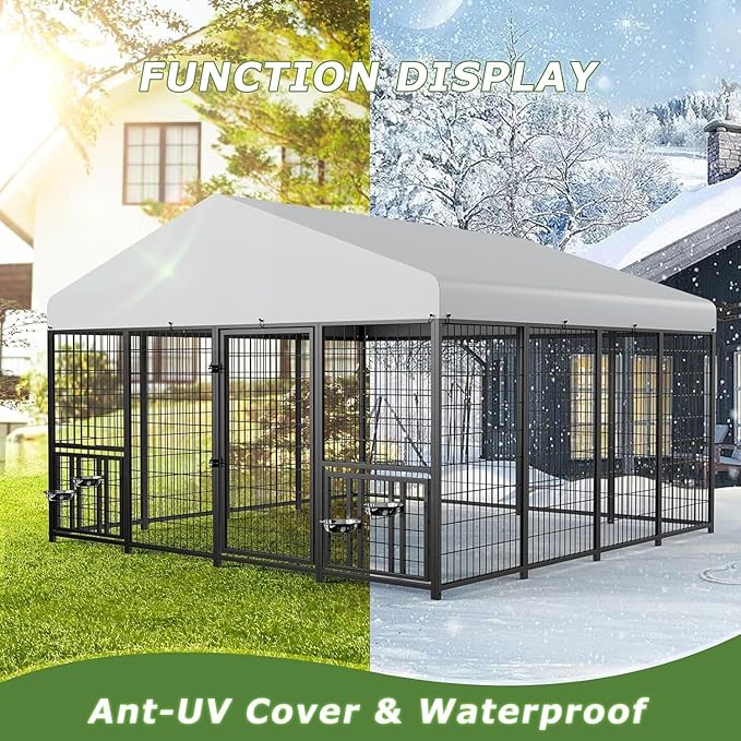 ROOMTEC Large Dog Kennel Outdoor Pet Pens Dogs Run with 4 Bowls (10' L x 10' W x 6.5'H)