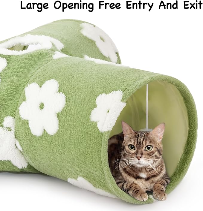Tempcore Flannel Pet Cat Tunnel Tube Cat Toys 3 Way Collapsible, Cat Tunnels for Indoor Cats，Kitty Tunnel Bored Pet Toys Peek Hole Toy Ball Puppy, Kitty, Kitten, Rabbit Daisy Green