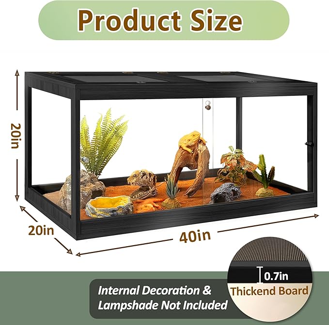 PROLEE Bearded Dragon Tank,Tempered Glass Reptile Tank with Mesh Roof and Front Sliding Door,Anti-Scratch Lizard Tank,Spacious Reptile Enclosure for Snakes,Lguanas (Black, 63Gallons,40"x20"x20")
