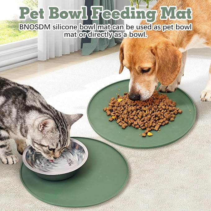 BNOSDM Silicone Cat Feeding Mat 2 Pack Dog Bowl Mats Pet Silicone Food Mat for Food and Water Nonslip Waterproof Feed Mats Round Eating Plate for Small and Medium Cats and Dogs (Dark Green)