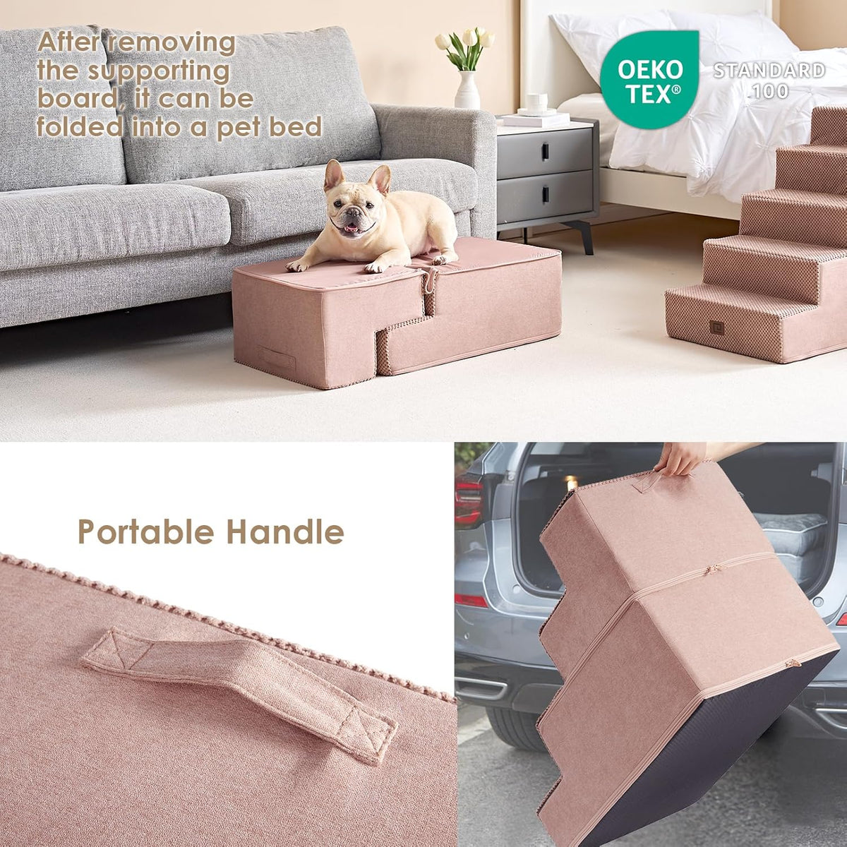 EHEYCIGA Dog Stairs for Bed 18" H, 4-Step Dog Steps for High Bed, Pet Steps for Small Dogs and Cats, Non-Slip Balanced Pet Ramp Indoor, Pink