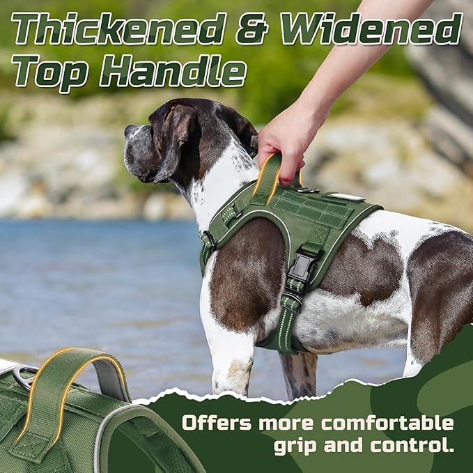 rabbitgoo Tactical Dog Harness for Large Dogs, No Pull Military Service Vest with Handle & Molle, Easy Control for Training Walking, Adjustable Reflective Straps, Green, L