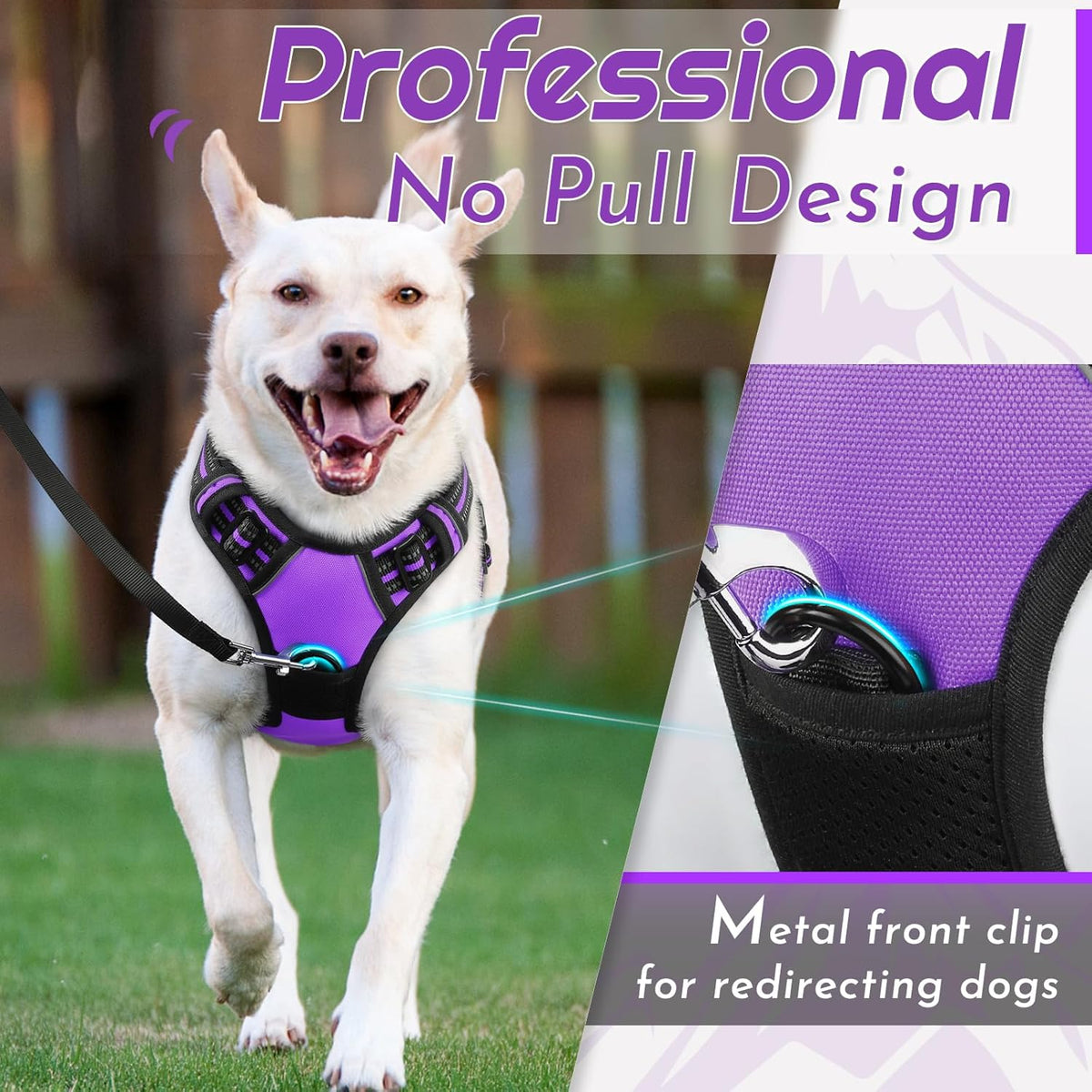 Eagloo Dog Harness for Large Dogs, No Pull Service Vest with Reflective Strips and Control Handle, Adjustable and Comfortable for Walking, No Choke Pet Harness with 2 Metal Rings, Purple, XL