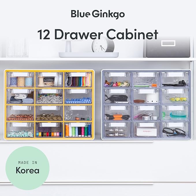 Blue Ginkgo Large 12-Drawer Cabinet – Stackable Clear Organizer for Hardware, Beads, Plastic Bricks, Office, and Craft Storage (Made in Korea, Yellow)