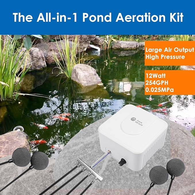 AquaMiracle All-in-One Koi Pond Aerator for Outdoor Ponds up to 3000 Gallons, Pond Air Pump Pond Aeration System with 4-Outlet Manifold Airline Tubing Air Stones Check Valves