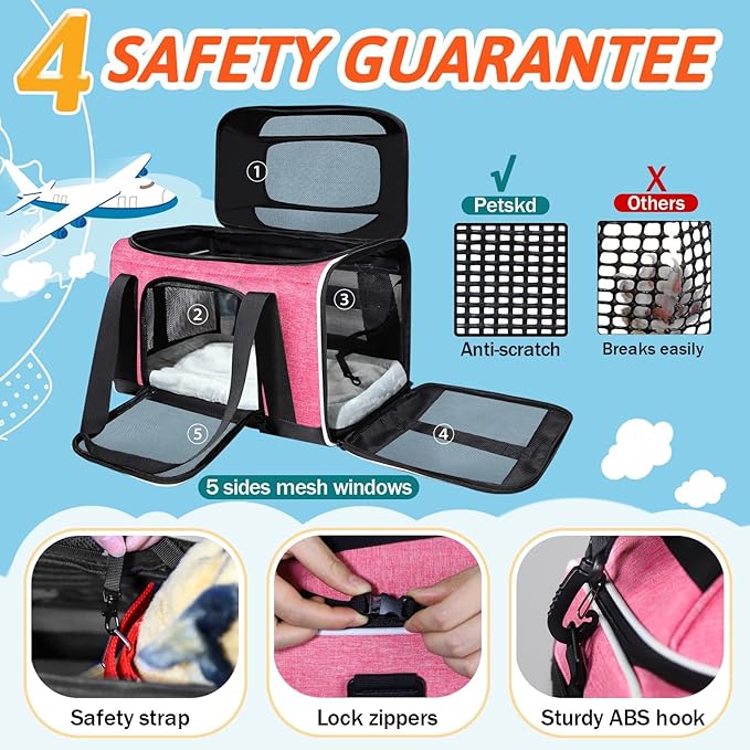 Petskd Top-Expandable Pet Carrier 18x13x9.5 Inches Southwest Airline Approved, Soft-Sided Carrier for Small Cats and Dogs with Locking Safety Zippers and Anti-Scratch Mesh(Pink)