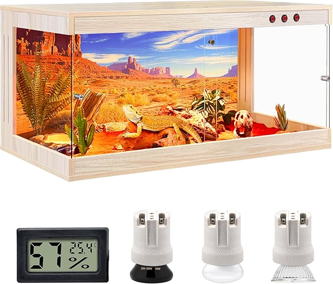 Royxen Tempered Glass Reptile Enclosure,Reptile Tank with Wooden Mesh Top and Lockable Design,61 Gallon Bearded Dragon Tank for Lizard Gecko Tortoise Snake Habitat,40" x 20" x 20",Oak